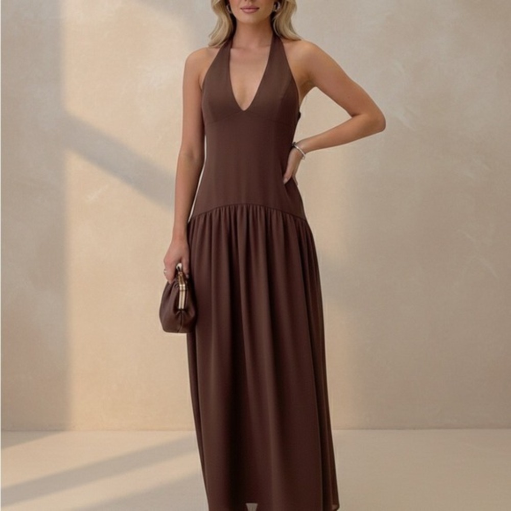 Princess Polly Chestnut Brown Halter Maxi Deep V-Neck Drop Waist Formal Gown 10